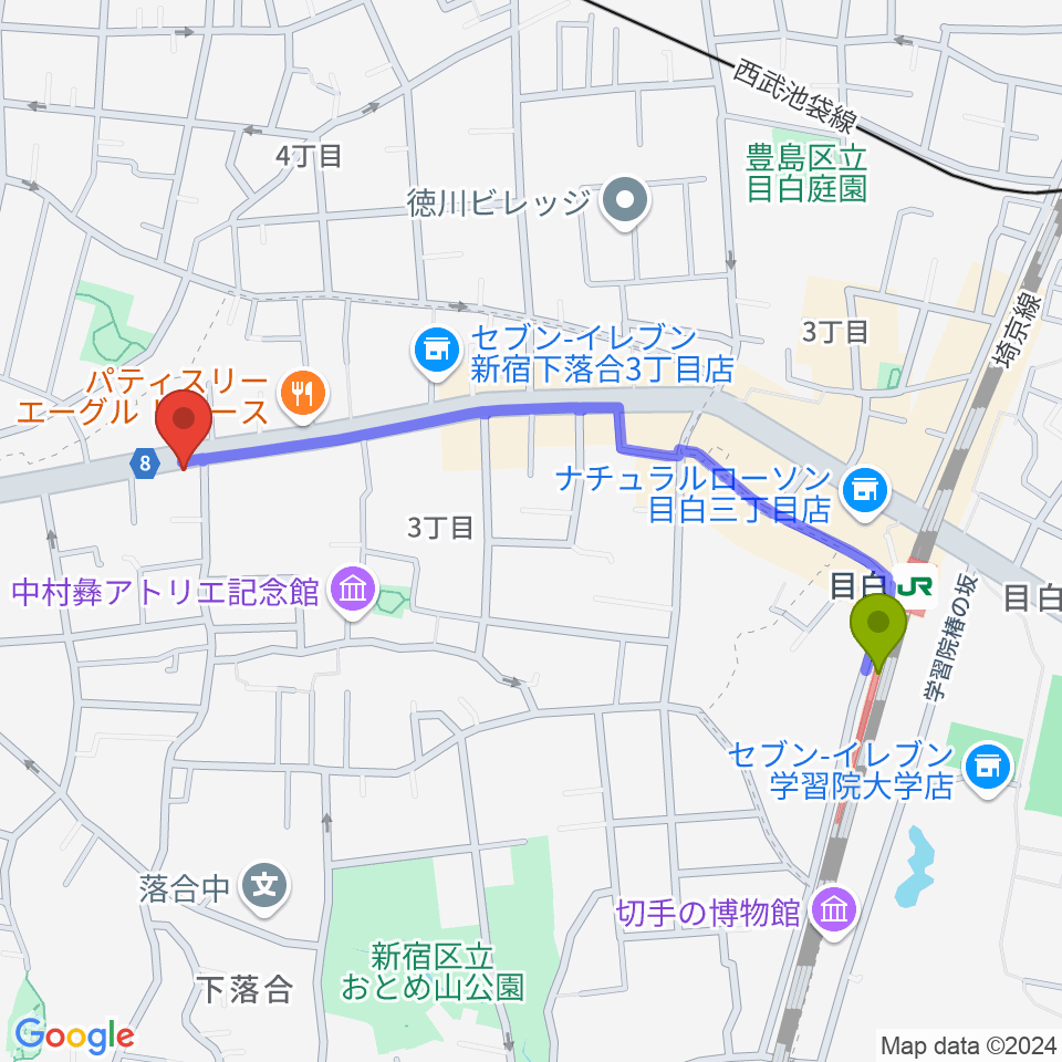 スタジオアルル・スタジオ銀河の最寄駅目白駅からの徒歩ルート（約11分）地図