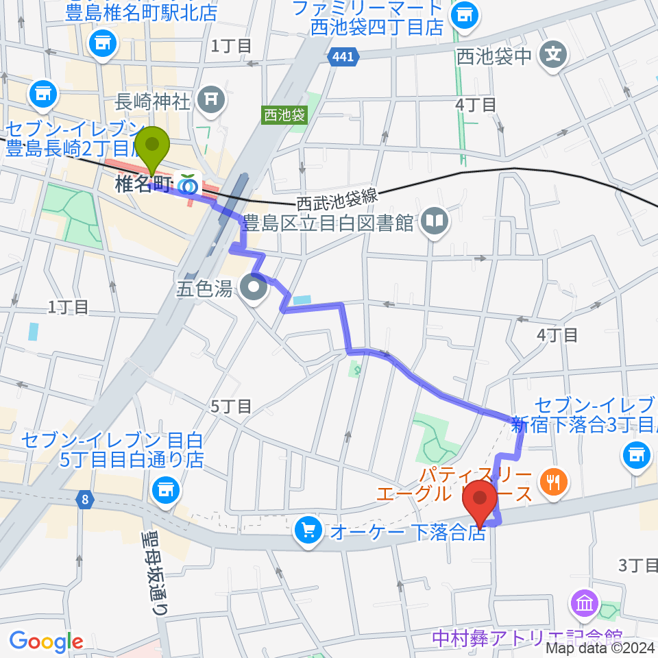 椎名町駅からスタジオアルル・スタジオ銀河へのルートマップ地図