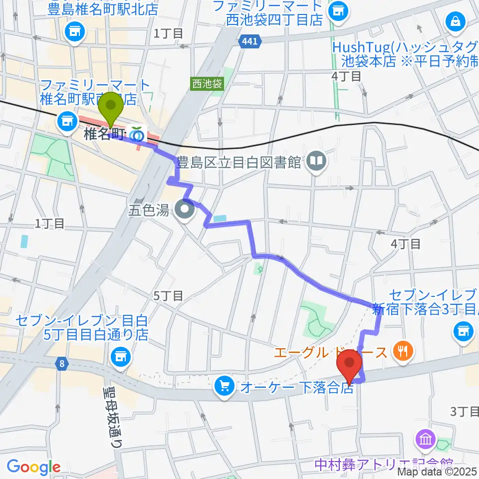 椎名町駅からスタジオアルル・スタジオ銀河へのルートマップ地図