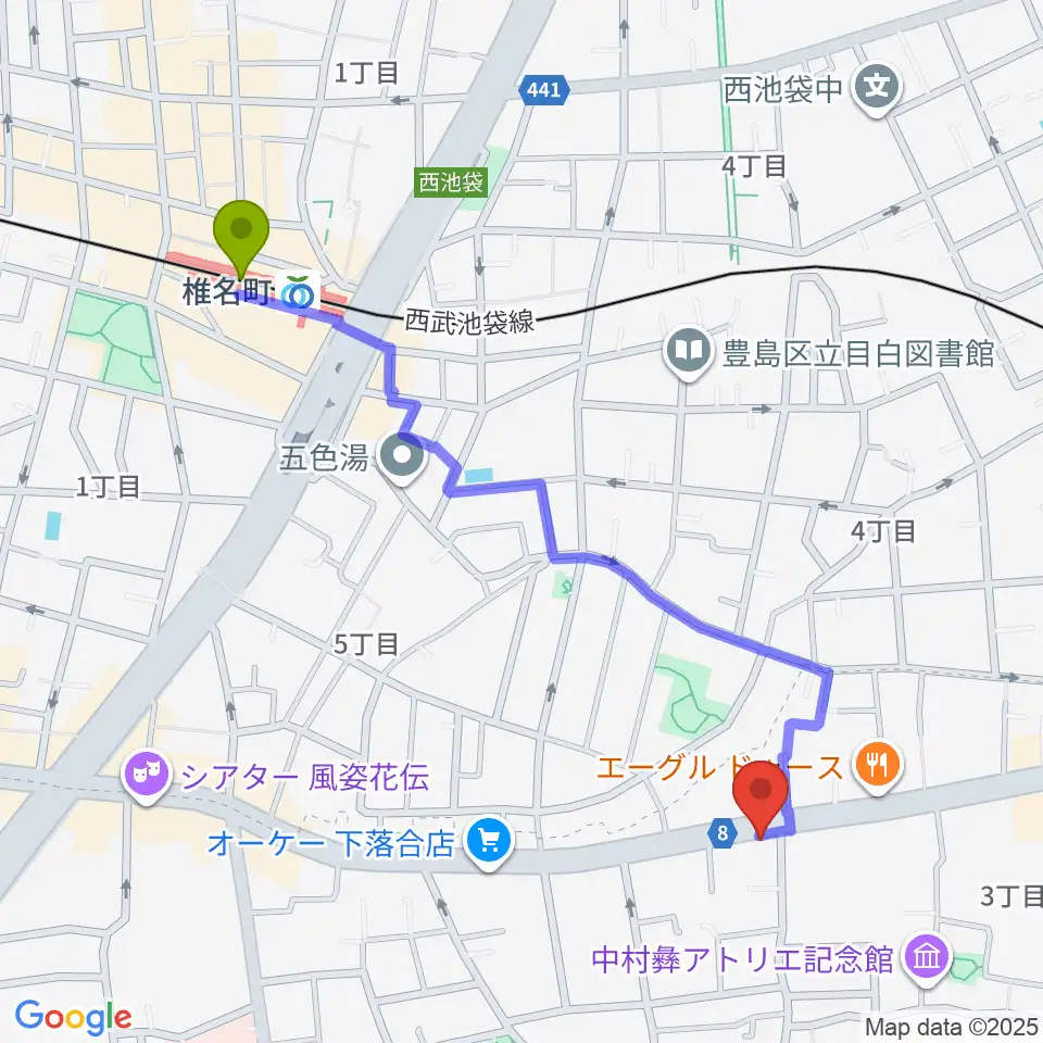 椎名町駅からスタジオアルル・スタジオ銀河へのルートマップ地図