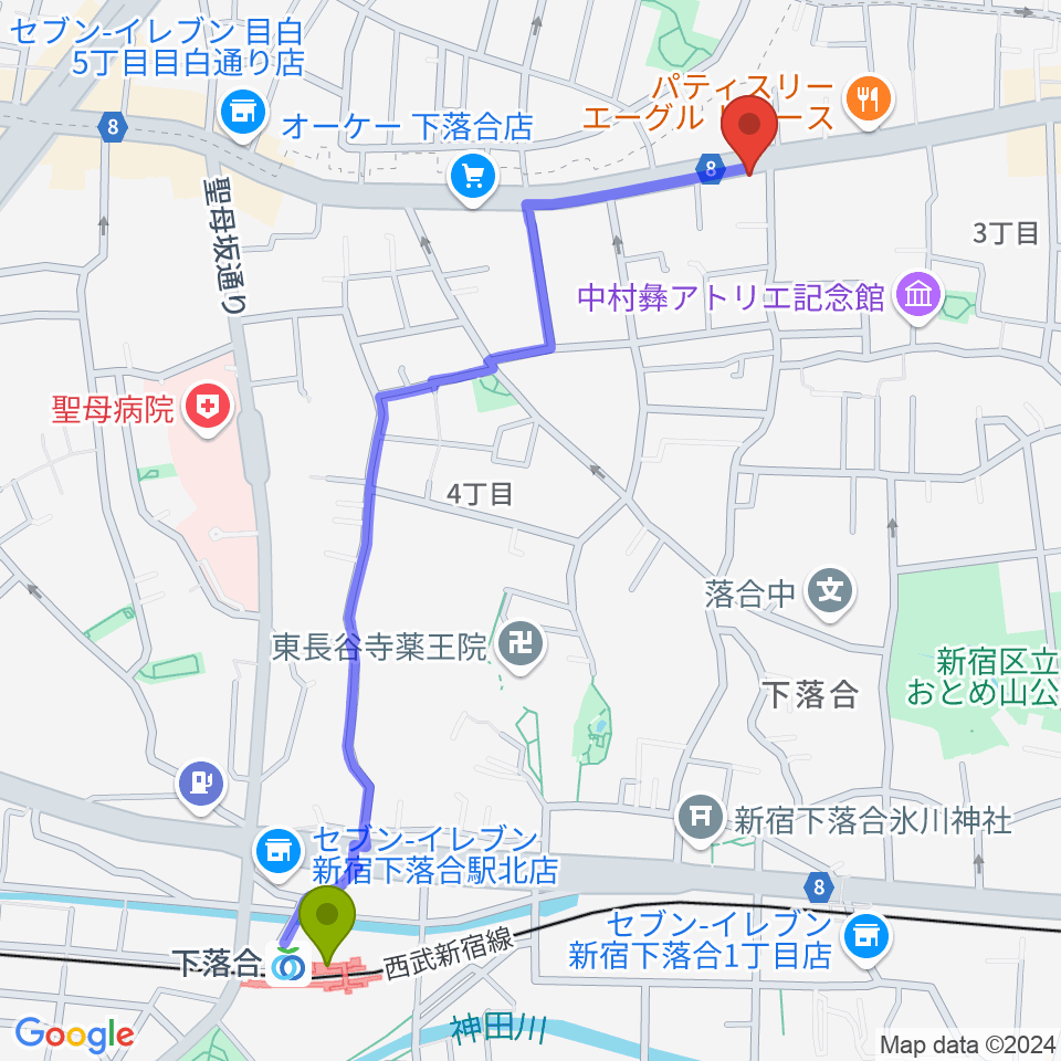 下落合駅からスタジオアルル・スタジオ銀河へのルートマップ地図