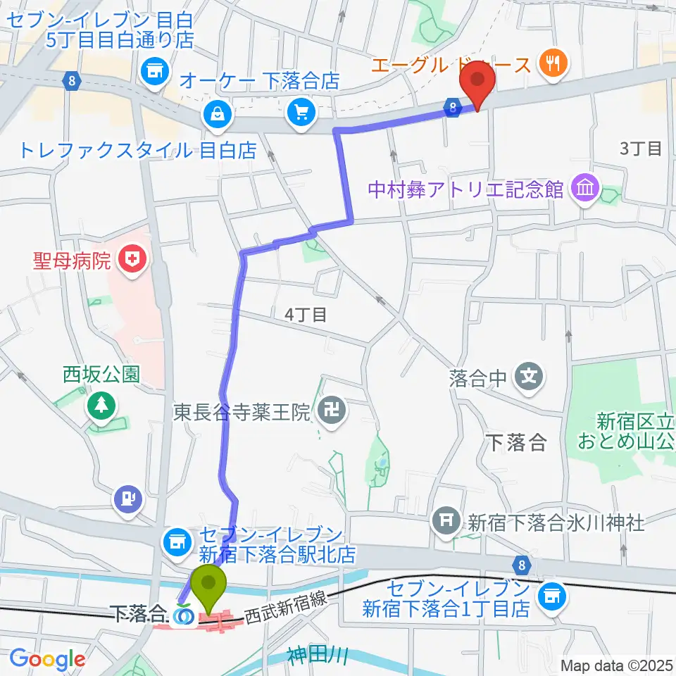 下落合駅からスタジオアルル・スタジオ銀河へのルートマップ地図