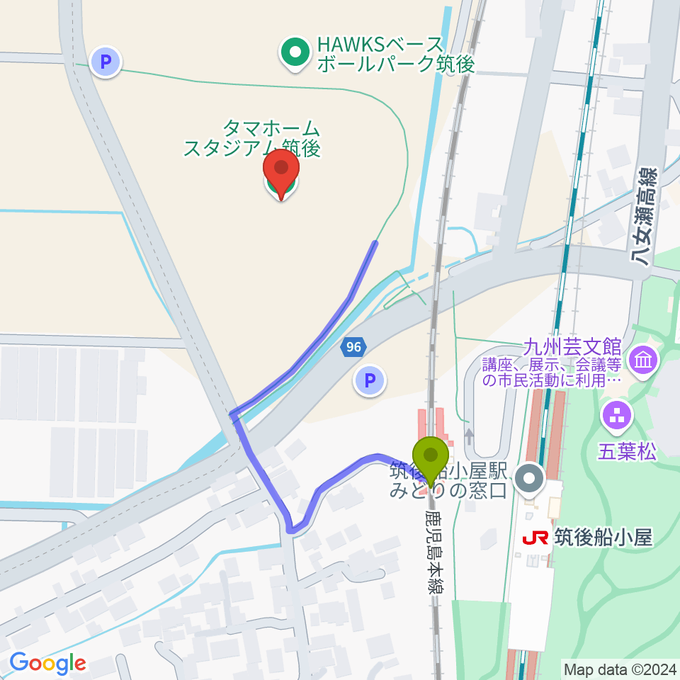 タマホーム スタジアム筑後の最寄駅筑後船小屋駅からの徒歩ルート（約4分）地図
