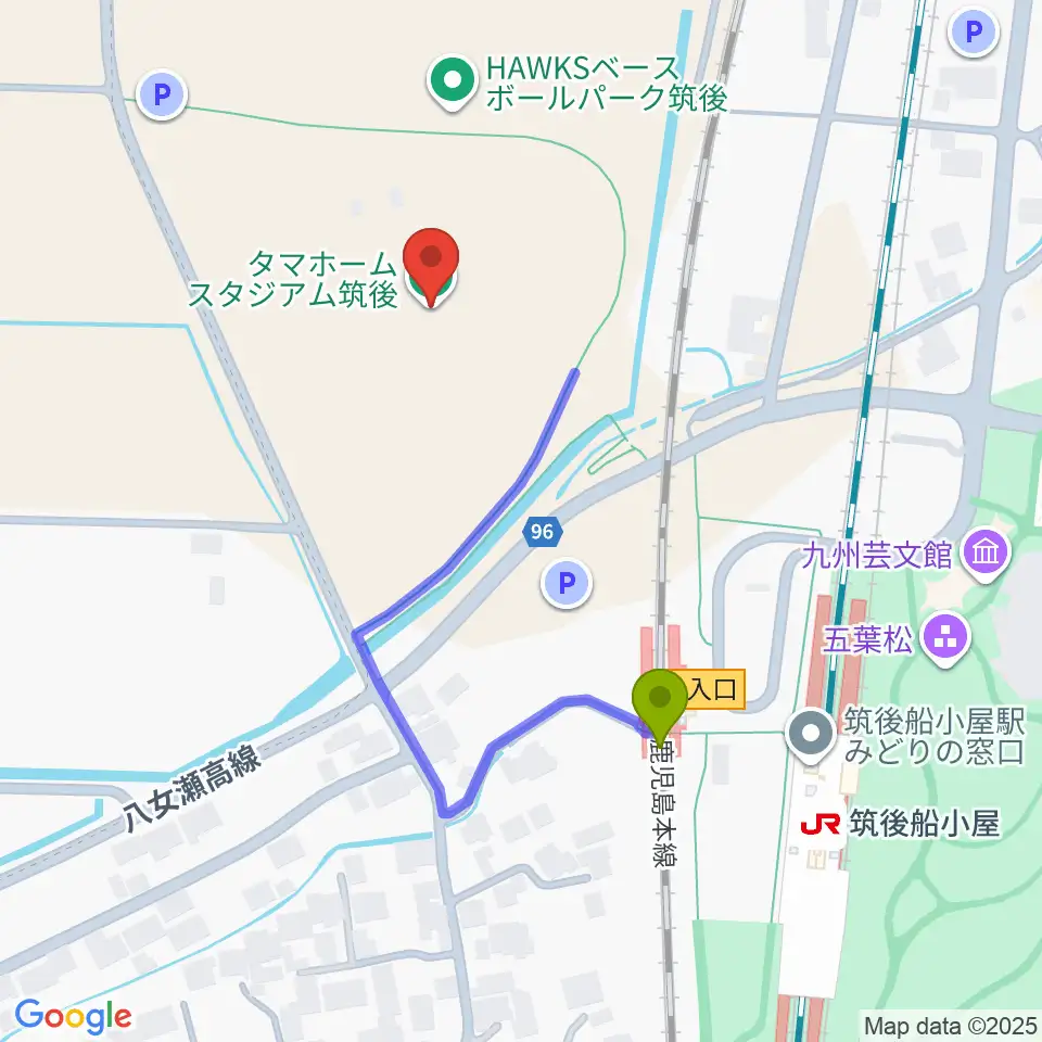 タマホーム スタジアム筑後の最寄駅筑後船小屋駅からの徒歩ルート（約4分）地図