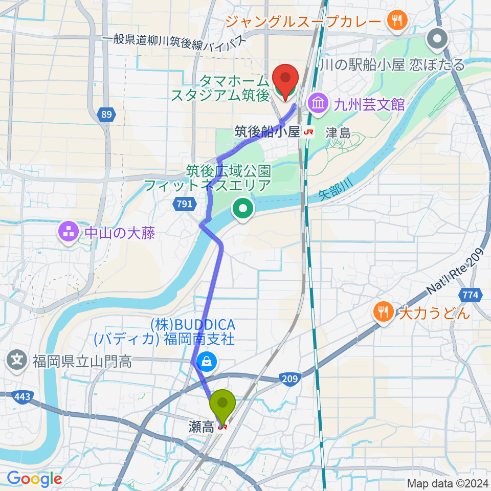 瀬高駅からタマホーム スタジアム筑後へのルートマップ地図