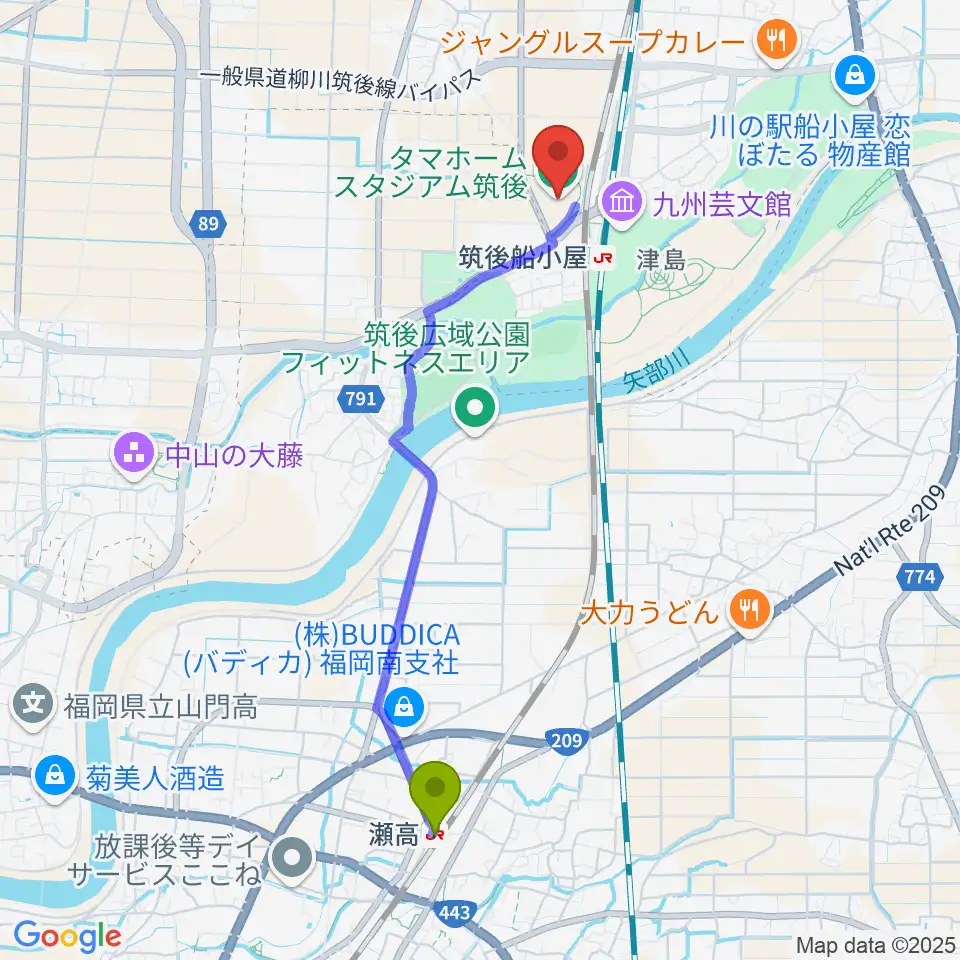 瀬高駅からタマホーム スタジアム筑後へのルートマップ地図