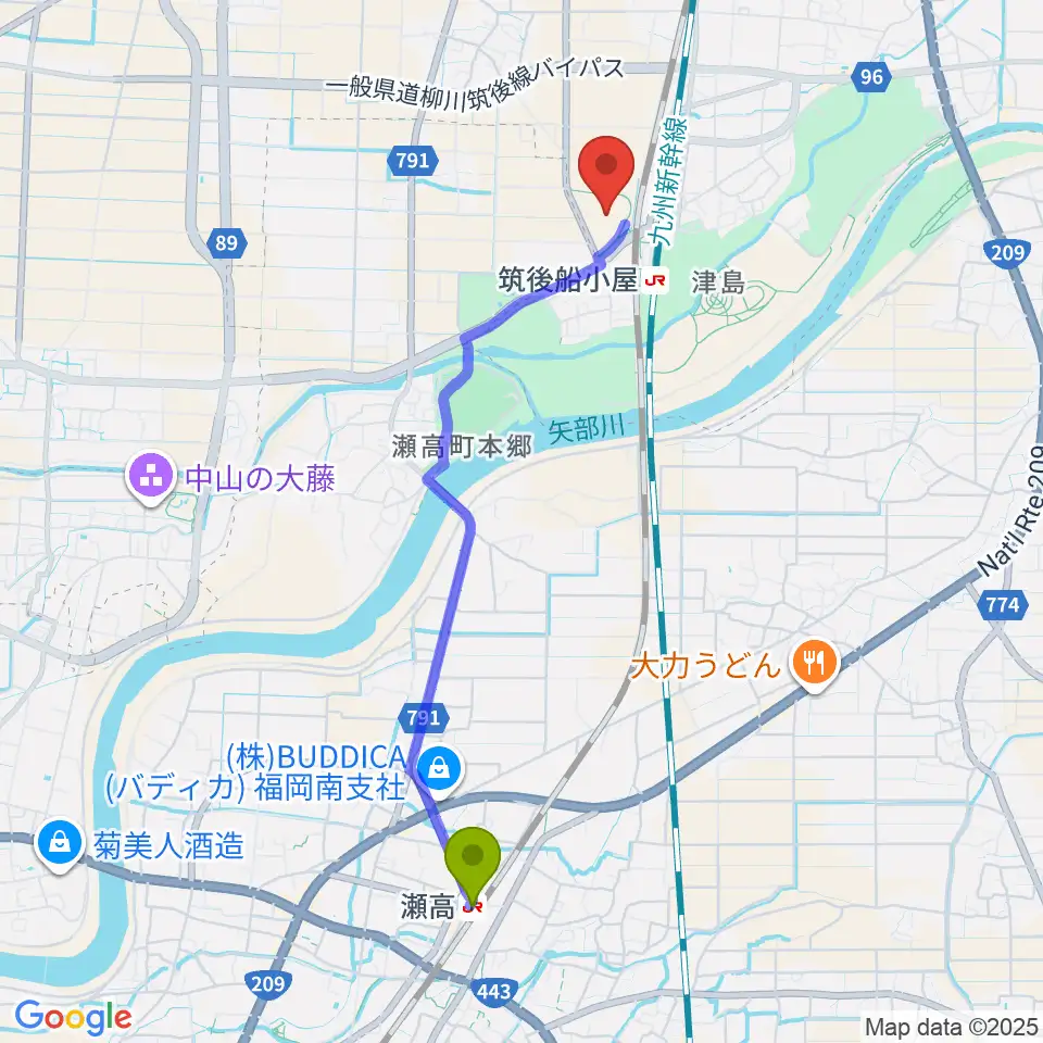 瀬高駅からタマホーム スタジアム筑後へのルートマップ地図