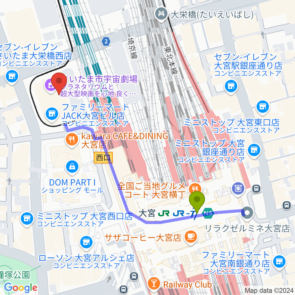 さいたま市宇宙劇場の最寄駅大宮駅からの徒歩ルート（約5分）地図