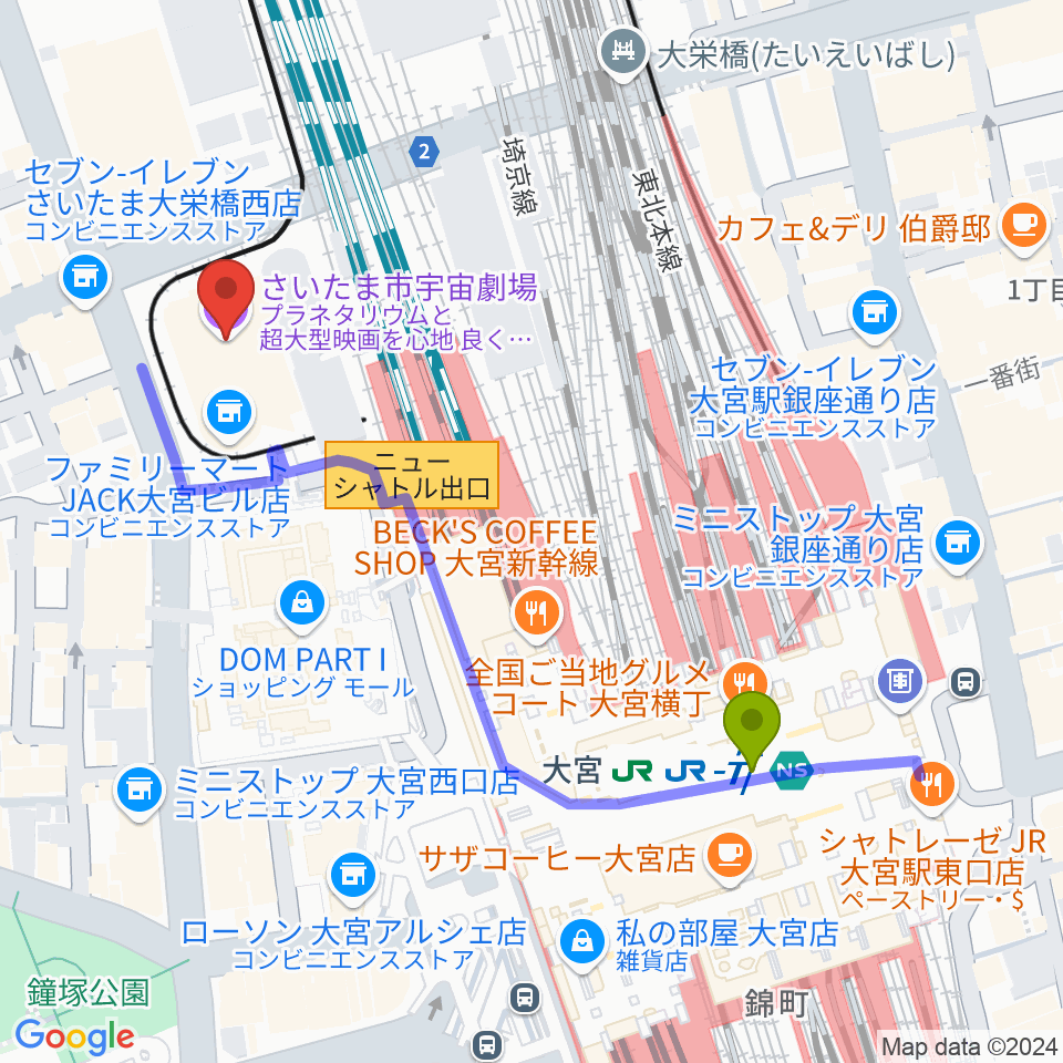 さいたま市宇宙劇場の最寄駅大宮駅からの徒歩ルート（約5分）地図