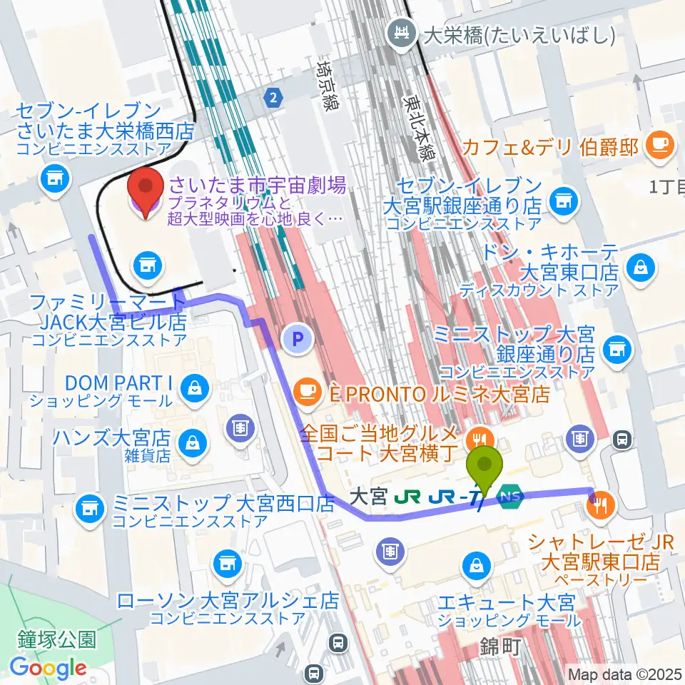 さいたま市宇宙劇場の最寄駅大宮駅からの徒歩ルート（約5分）地図