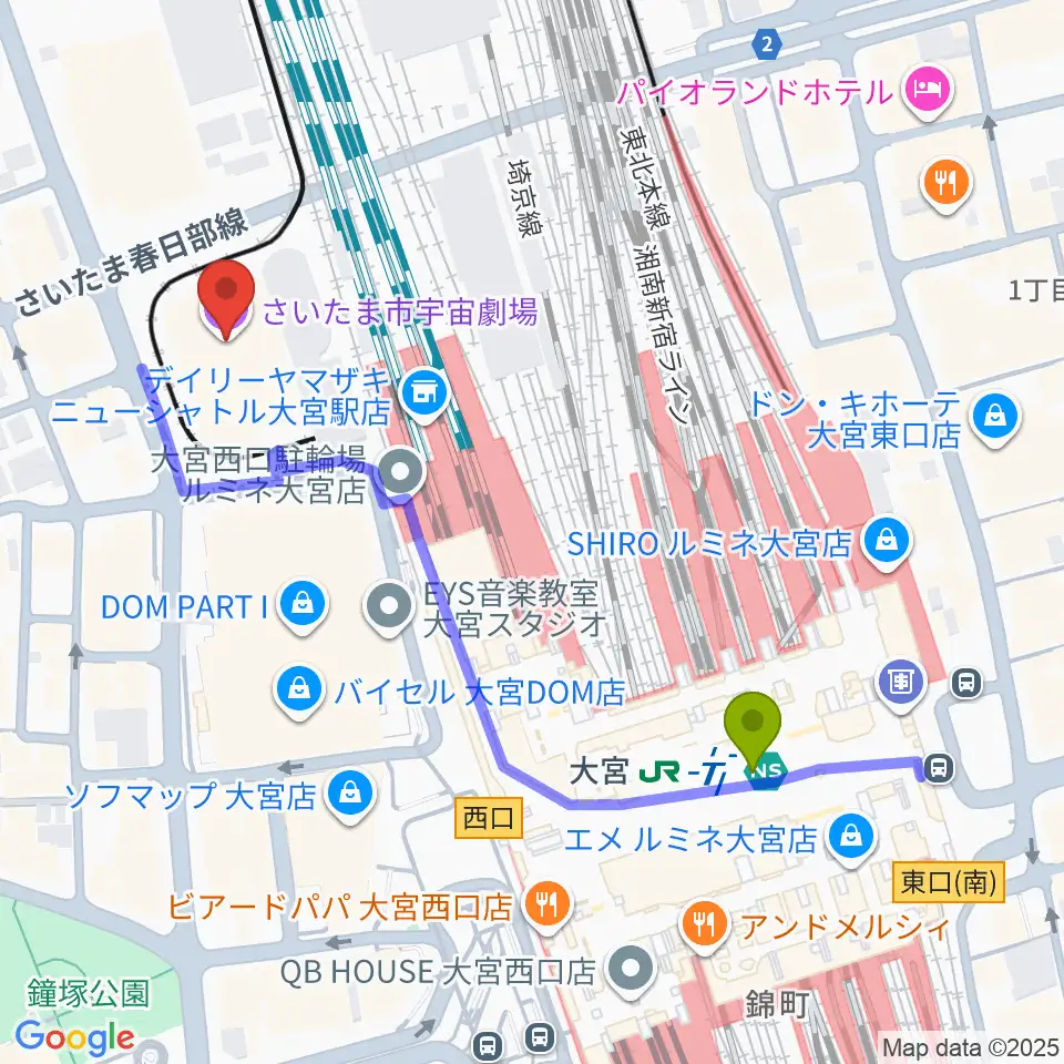 さいたま市宇宙劇場の最寄駅大宮駅からの徒歩ルート（約5分）地図