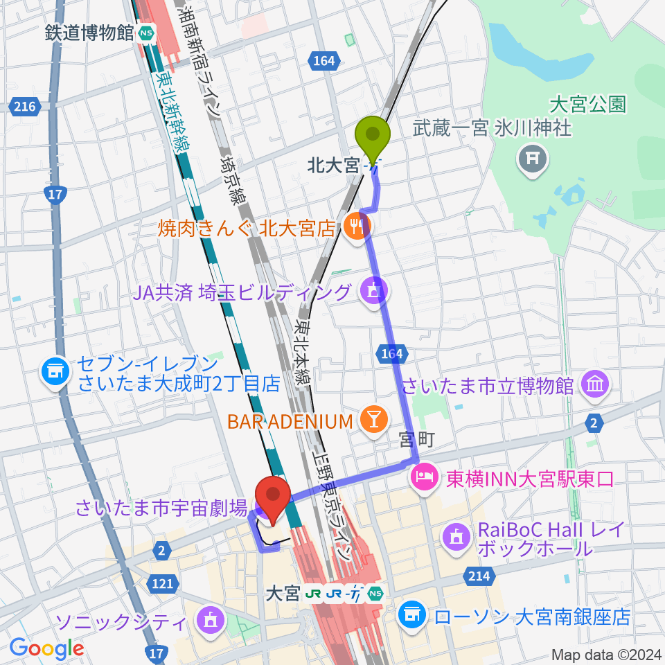 北大宮駅からさいたま市宇宙劇場へのルートマップ地図