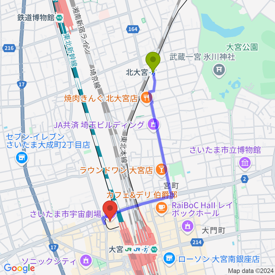 北大宮駅からさいたま市宇宙劇場へのルートマップ地図