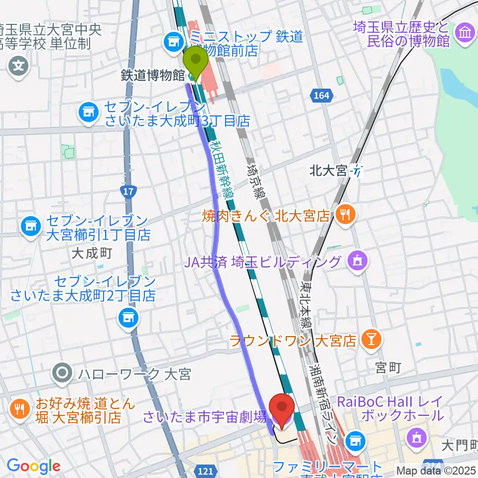 鉄道博物館駅からさいたま市宇宙劇場へのルートマップ地図