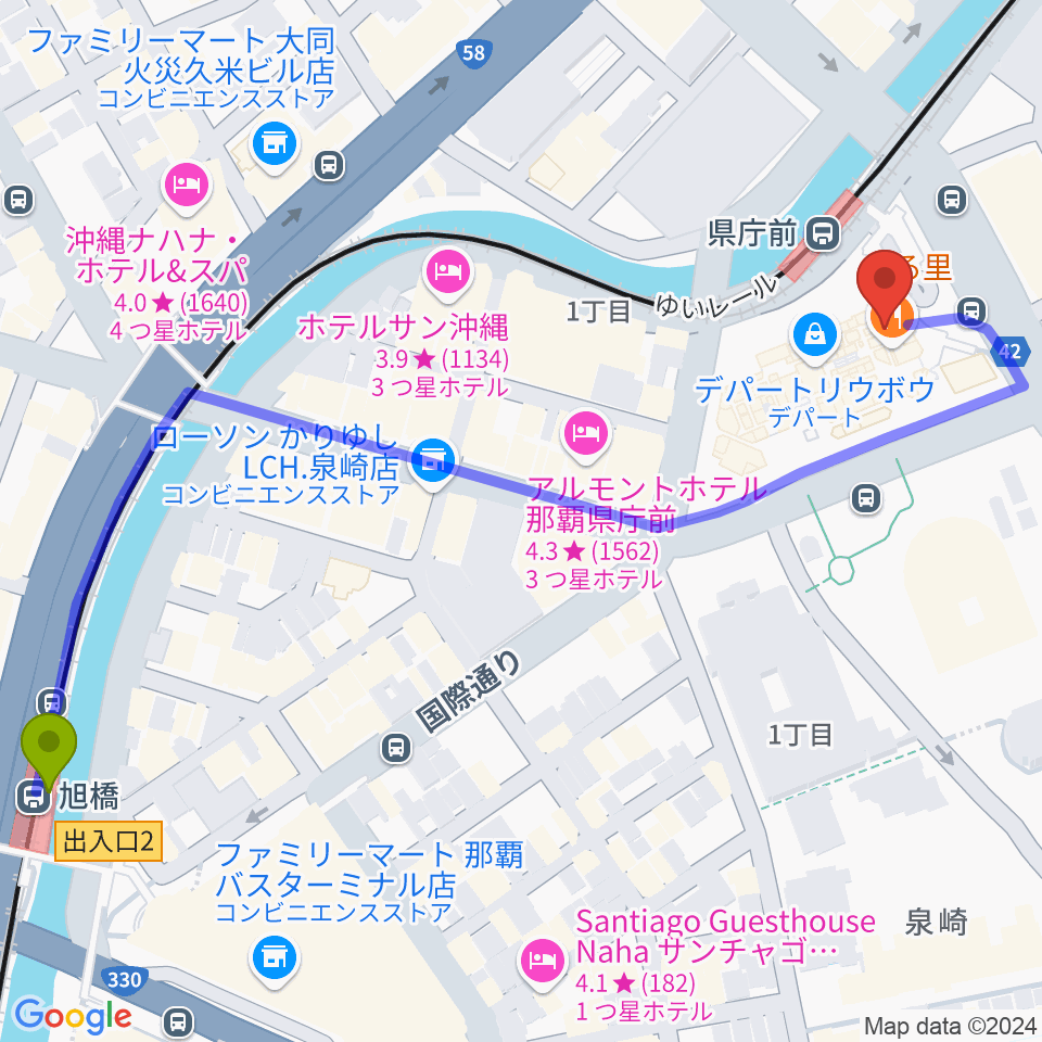 旭橋駅からシネマパレット へのルートマップ地図