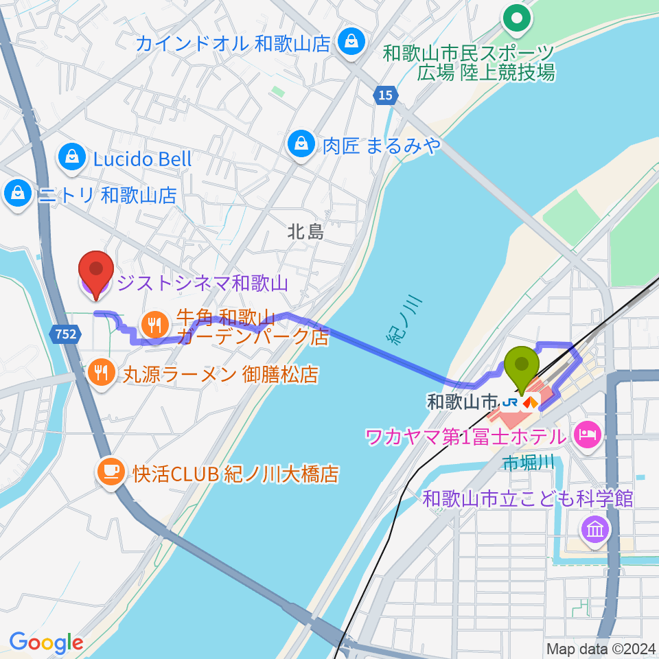 ジストシネマ和歌山の最寄駅和歌山市駅からの徒歩ルート（約21分）地図