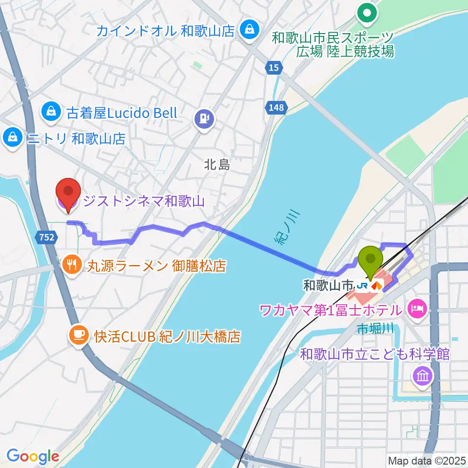 ジストシネマ和歌山の最寄駅和歌山市駅からの徒歩ルート（約21分）地図