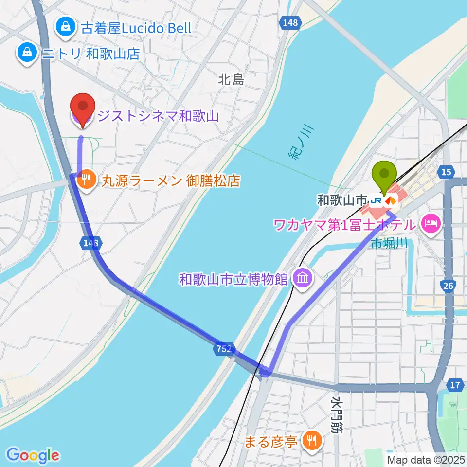 ジストシネマ和歌山の最寄駅和歌山市駅からの徒歩ルート（約21分）地図