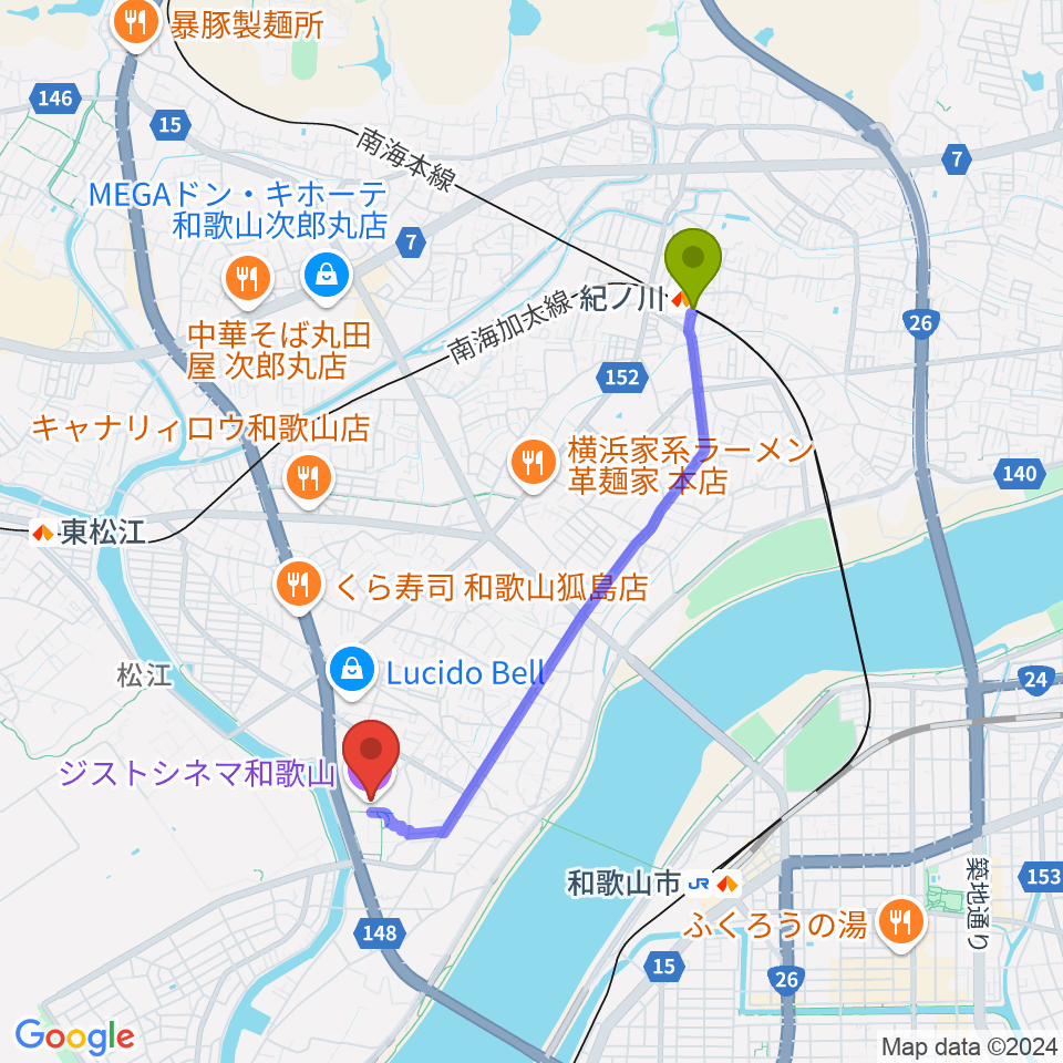 紀ノ川駅からジストシネマ和歌山へのルートマップ地図