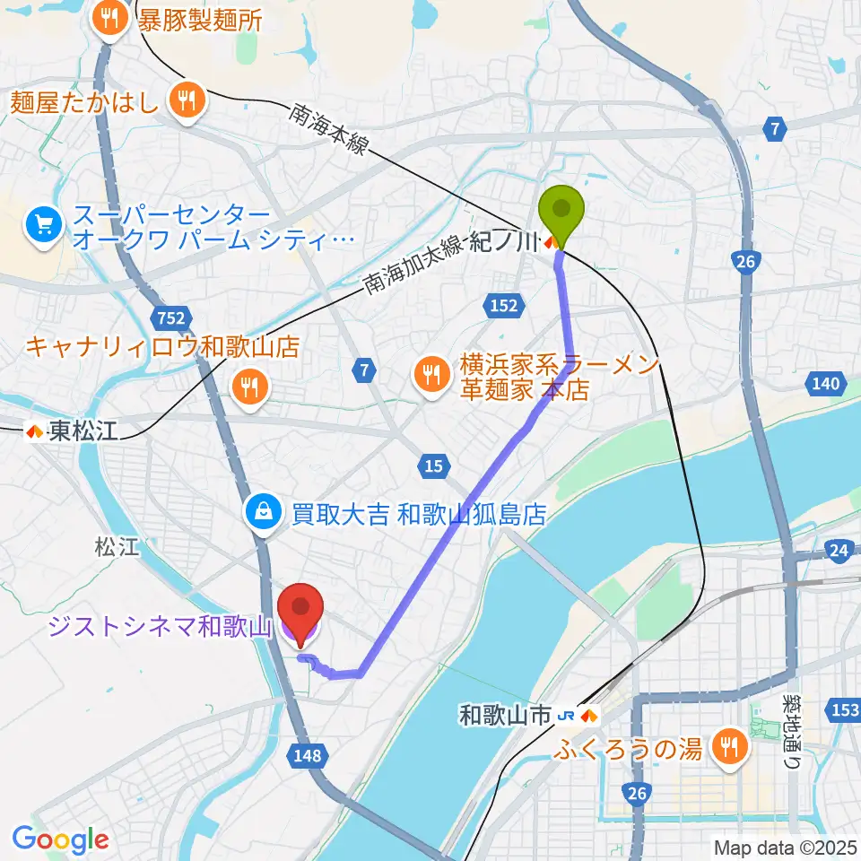 紀ノ川駅からジストシネマ和歌山へのルートマップ地図