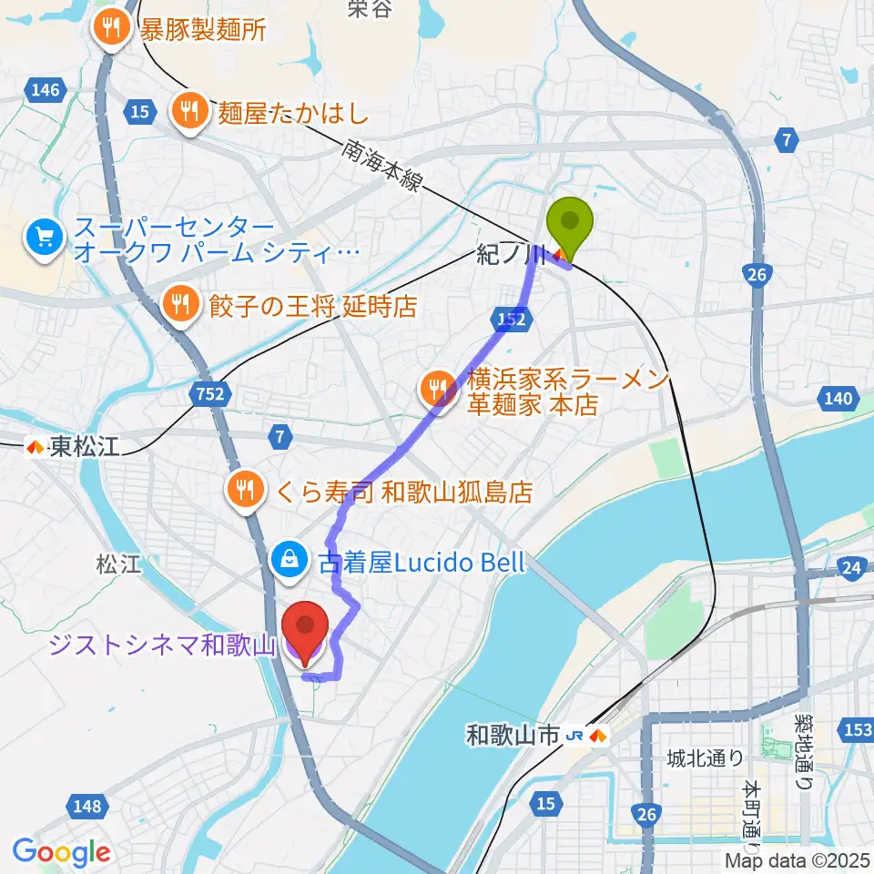 紀ノ川駅からジストシネマ和歌山へのルートマップ地図