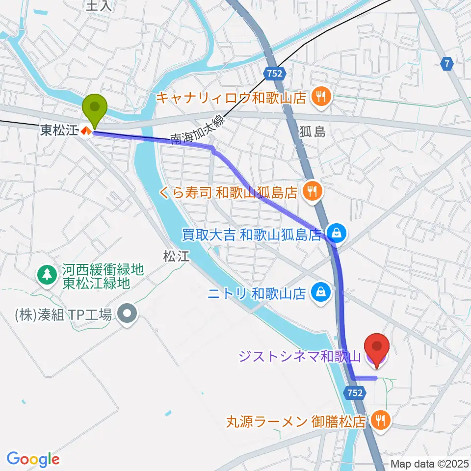 東松江駅からジストシネマ和歌山へのルートマップ地図