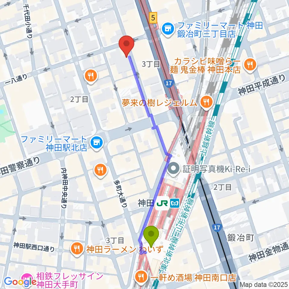 神田駅からバンブルビースタジオへのルートマップ地図