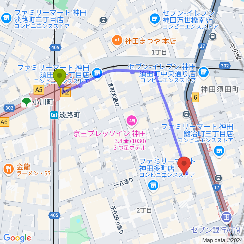 バンブルビースタジオの最寄駅淡路町駅からの徒歩ルート（約5分）地図