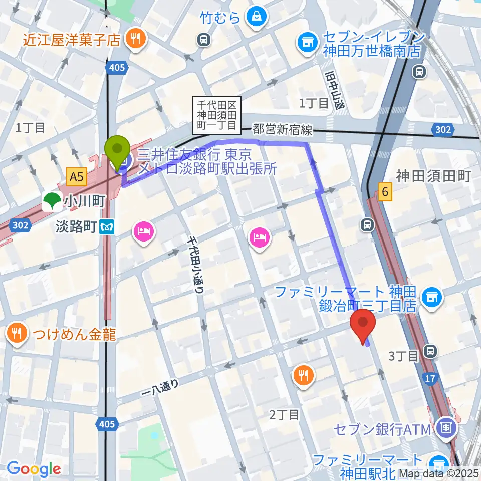 バンブルビースタジオの最寄駅淡路町駅からの徒歩ルート（約5分）地図