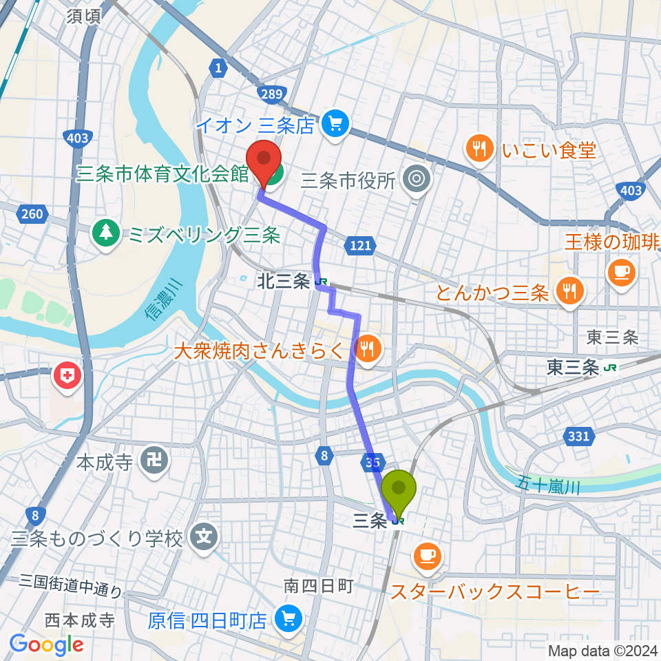 三条駅から三条市体育文化会館へのルートマップ地図