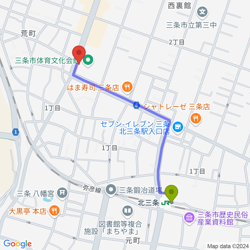 三条市体育文化会館の最寄駅北三条駅からの徒歩ルート（約10分）地図