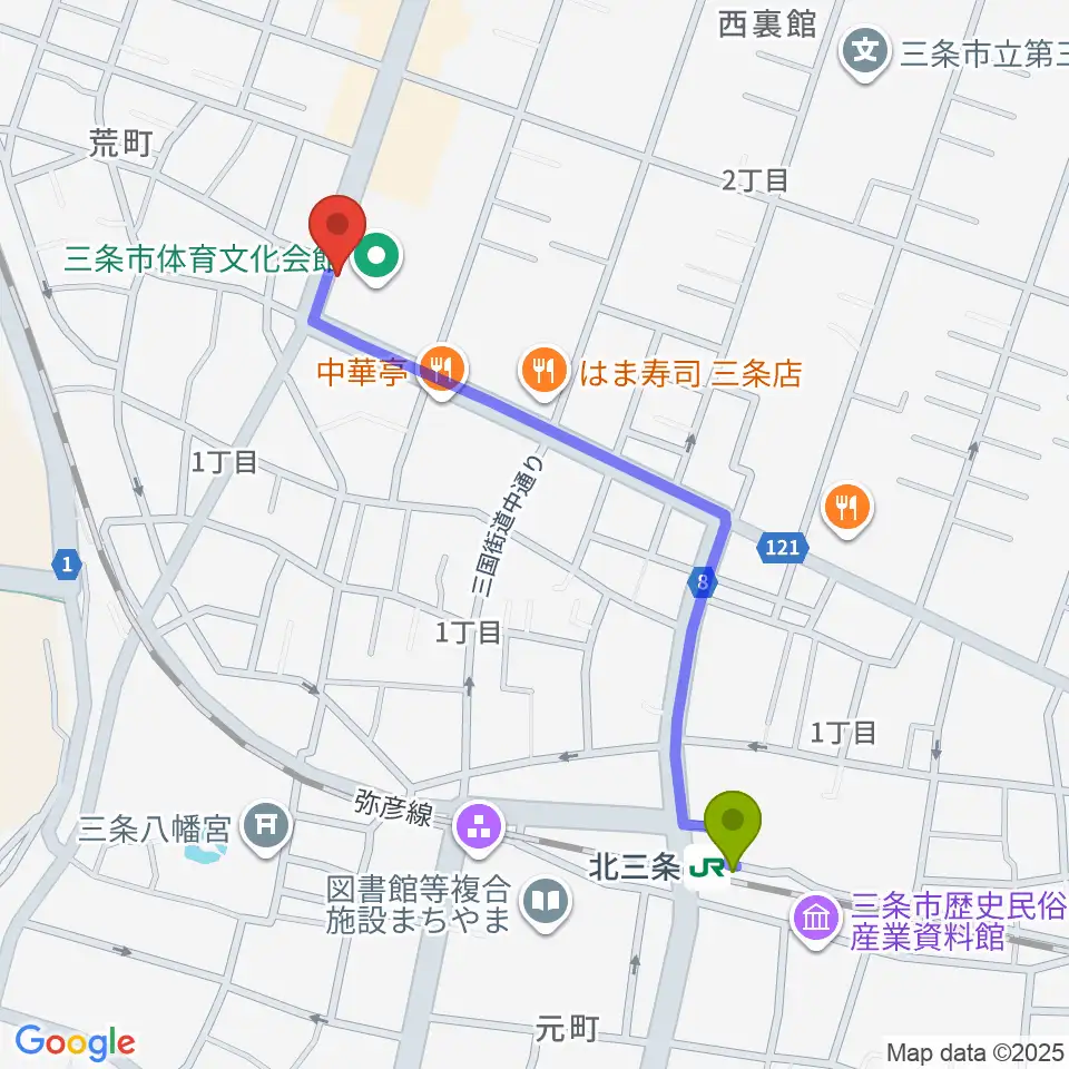 三条市体育文化会館の最寄駅北三条駅からの徒歩ルート（約10分）地図