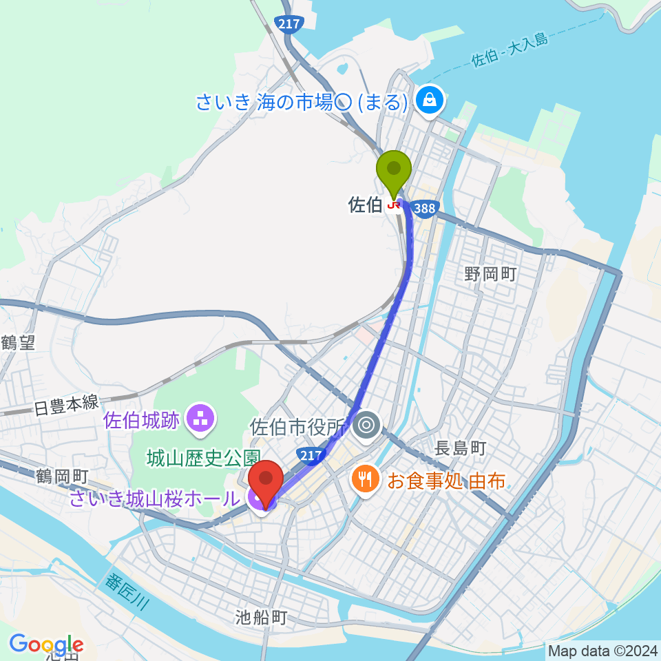 さいき城山桜ホールの最寄駅佐伯駅からの徒歩ルート（約32分）地図