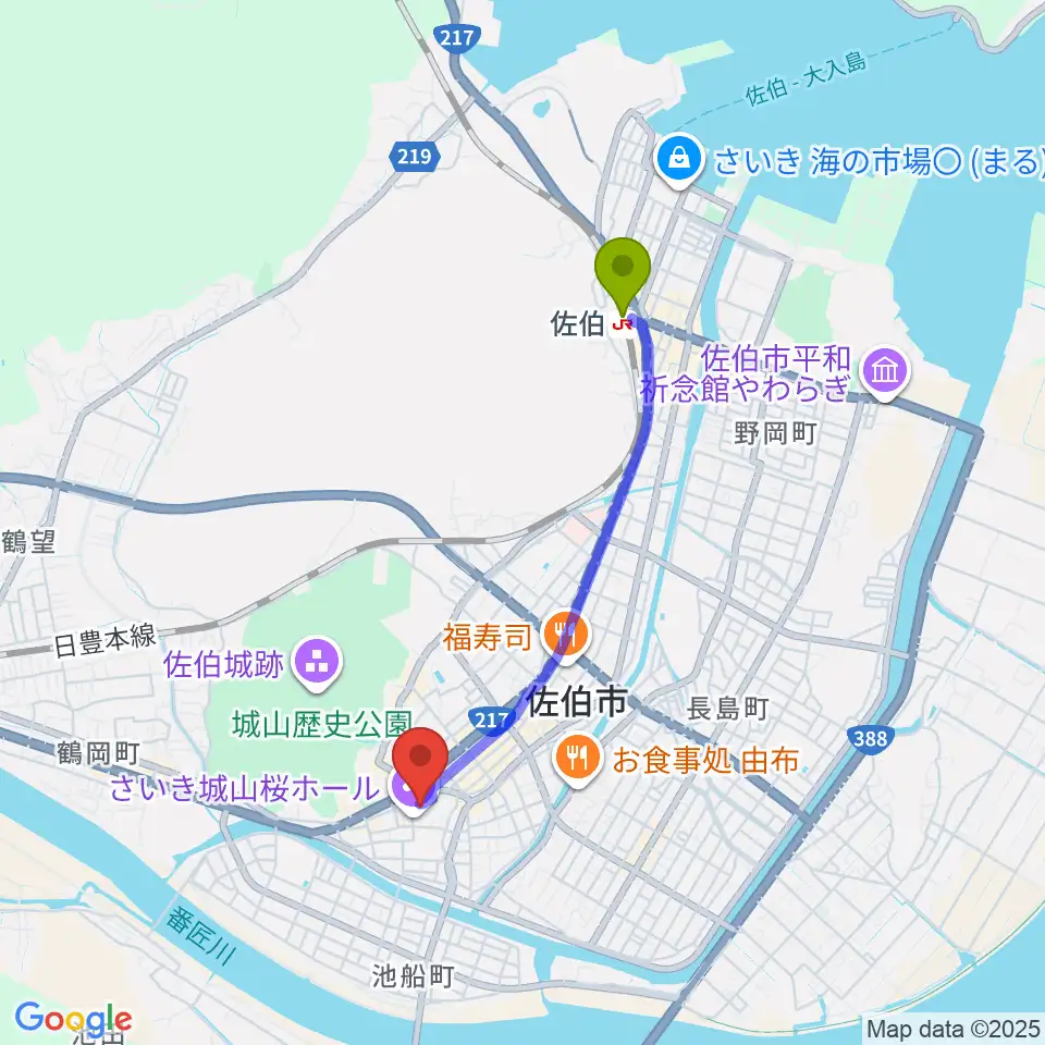 さいき城山桜ホールの最寄駅佐伯駅からの徒歩ルート（約32分）地図