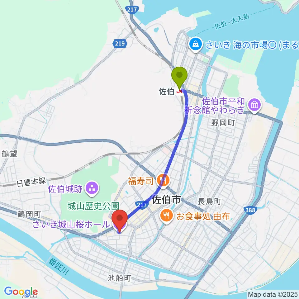 さいき城山桜ホールの最寄駅佐伯駅からの徒歩ルート（約33分）地図