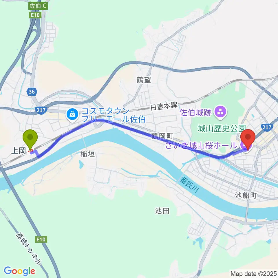上岡駅からさいき城山桜ホールへのルートマップ地図
