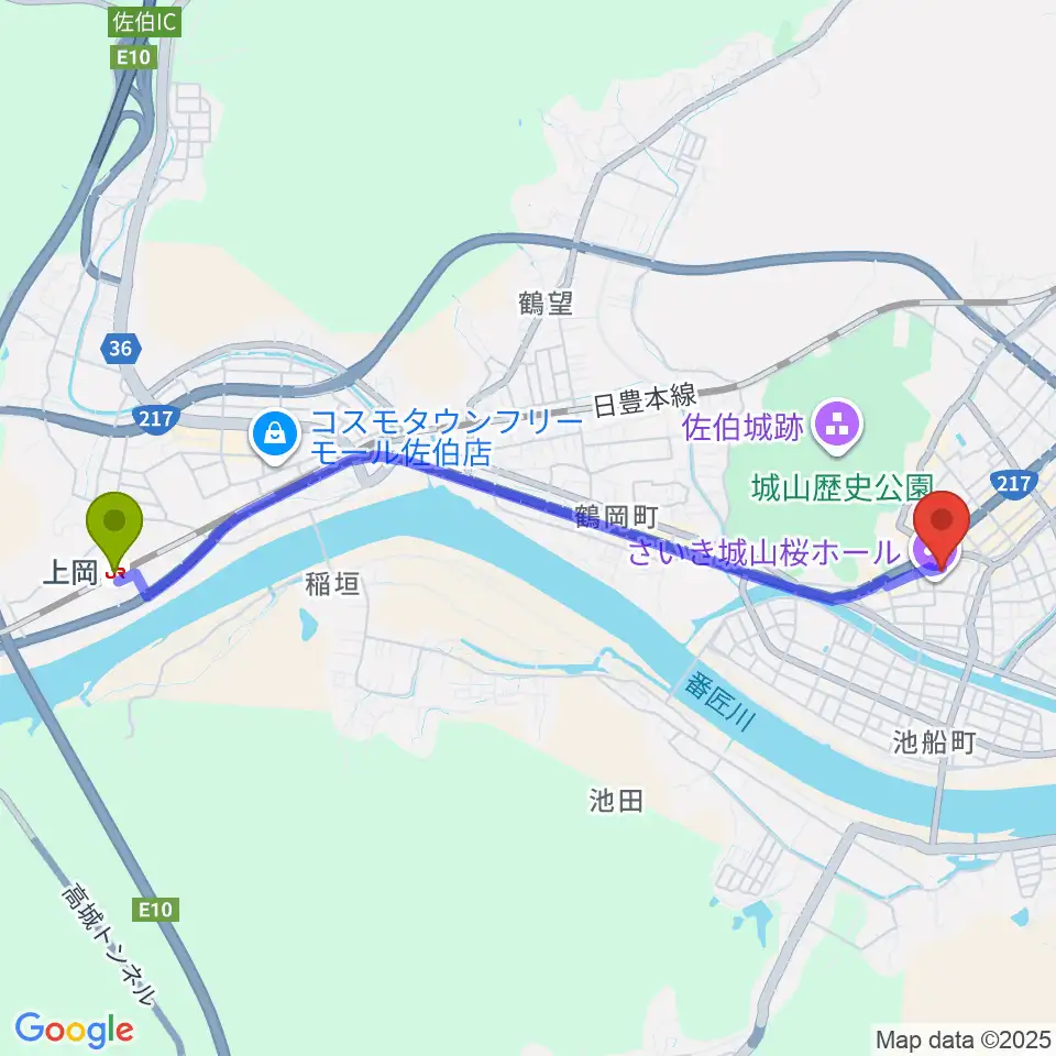 上岡駅からさいき城山桜ホールへのルートマップ地図