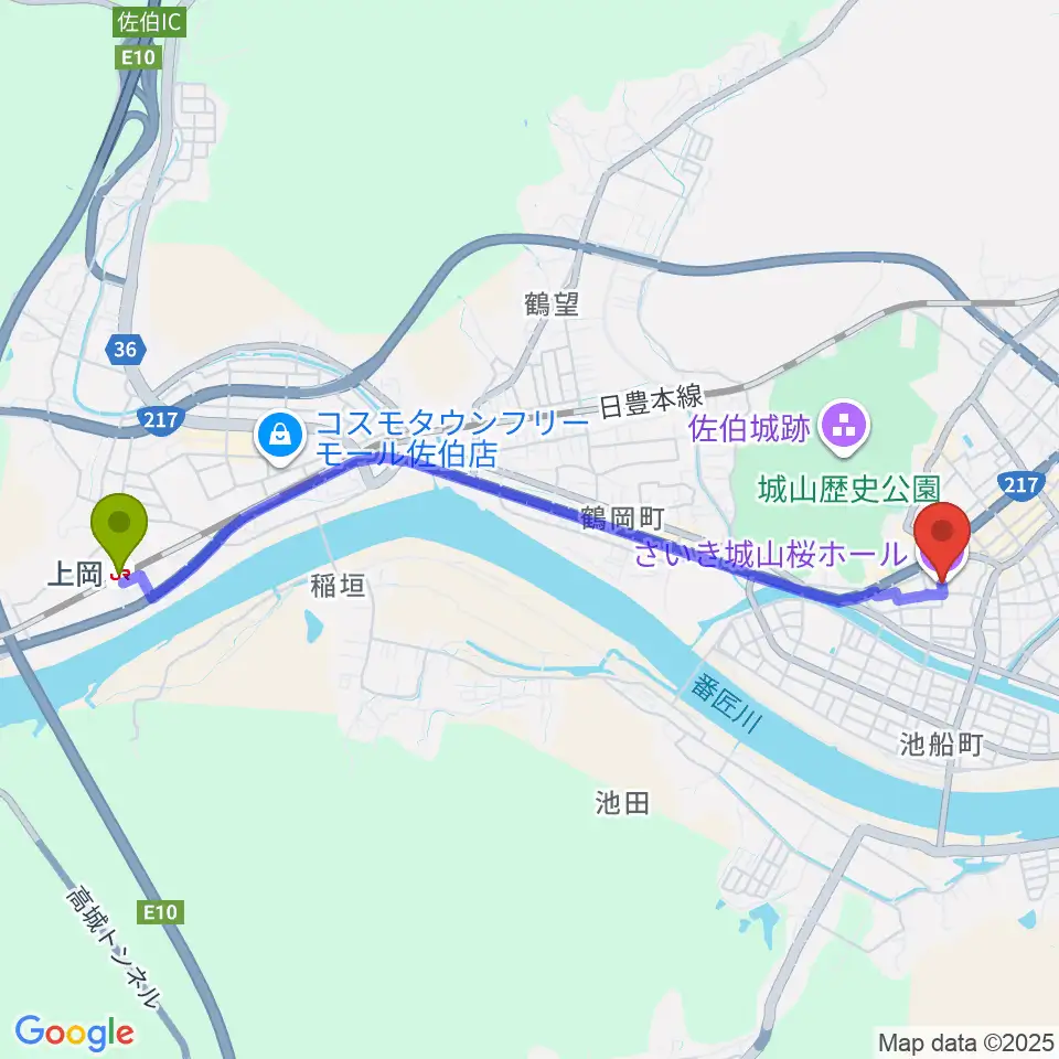 上岡駅からさいき城山桜ホールへのルートマップ地図