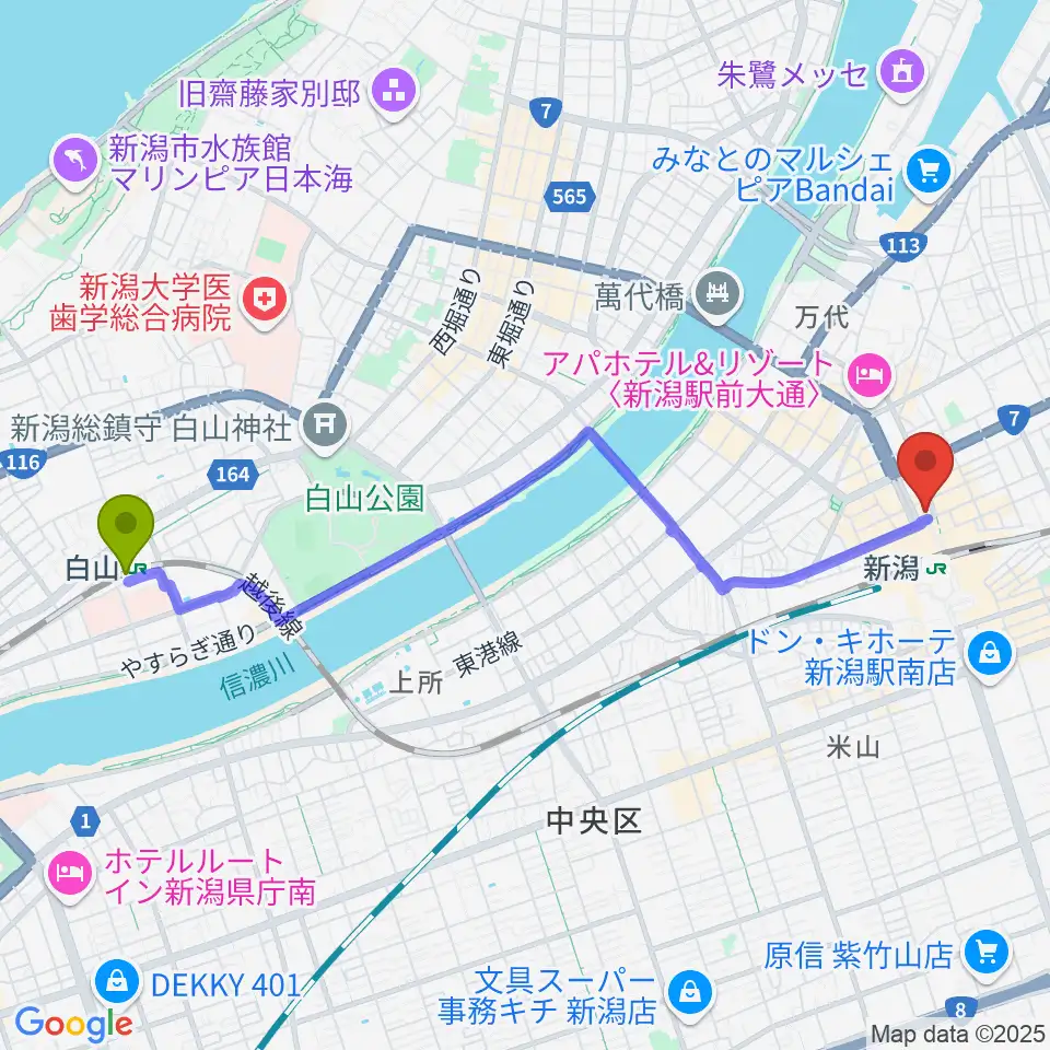 白山駅からマルタケホールへのルートマップ地図