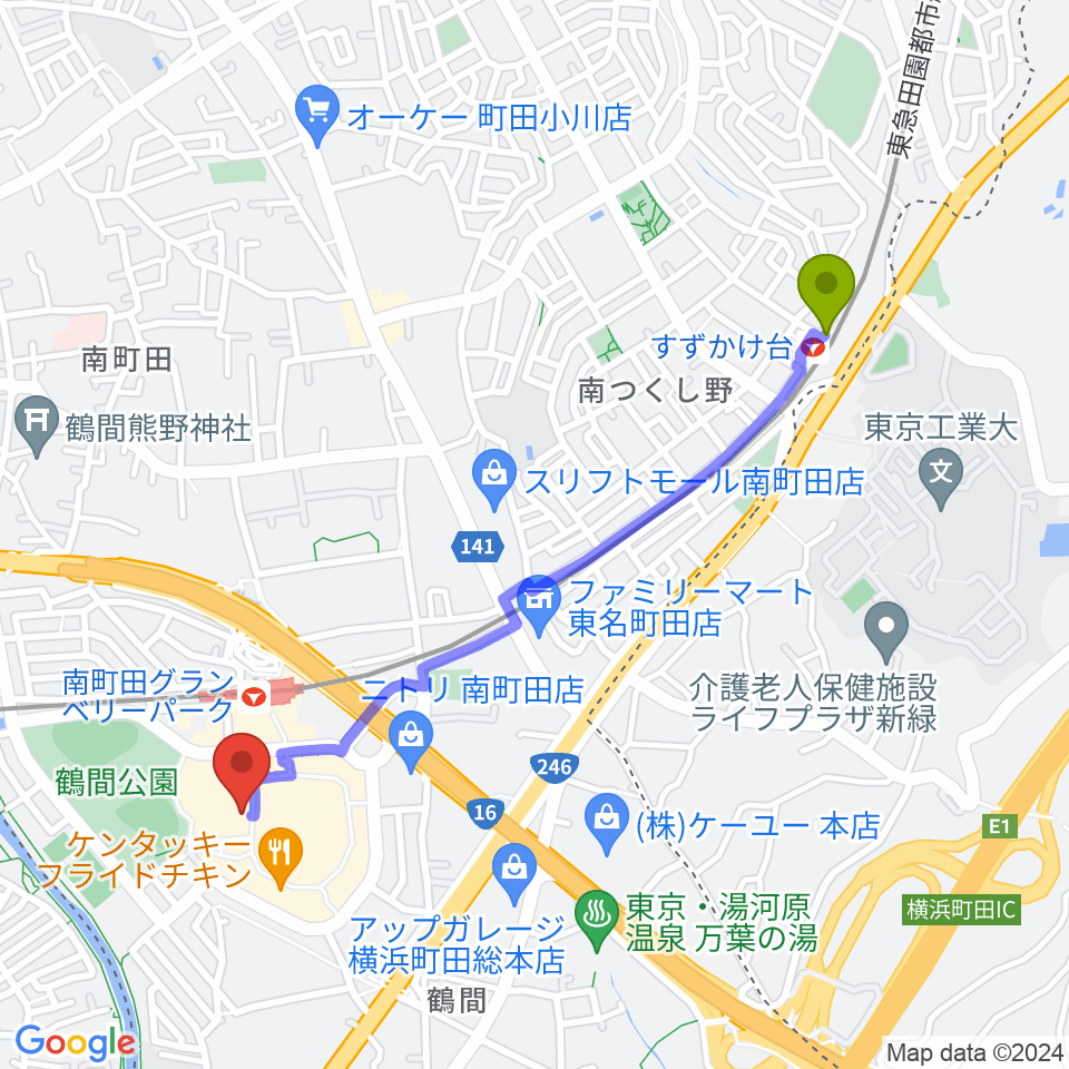 すずかけ台駅から山野楽器 南町田店へのルートマップ地図