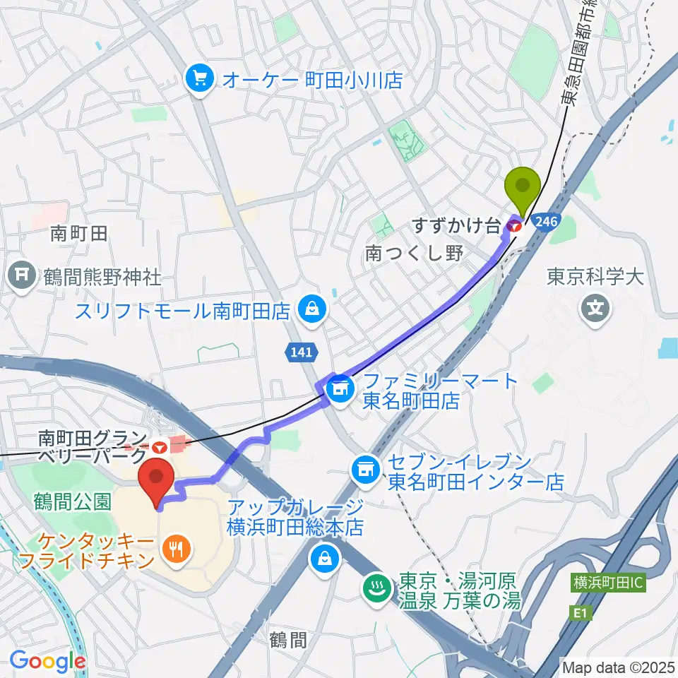 すずかけ台駅から山野楽器 南町田店へのルートマップ地図