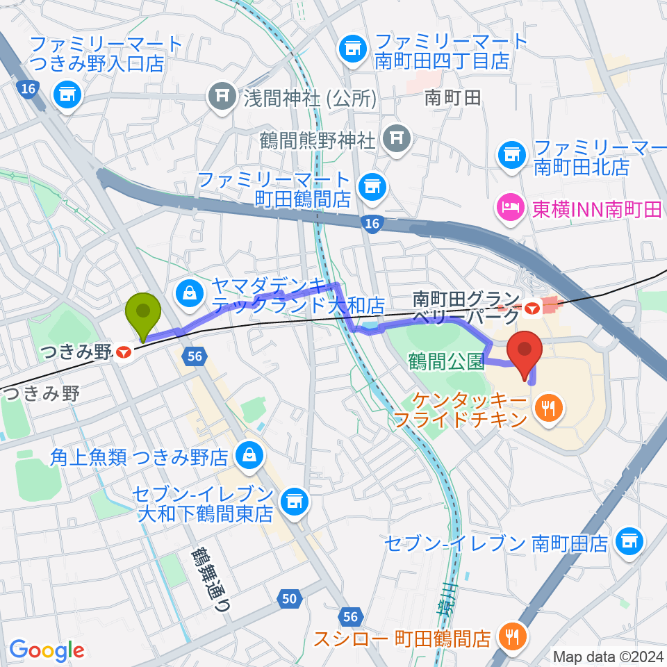 つきみ野駅から山野楽器 南町田店へのルートマップ地図