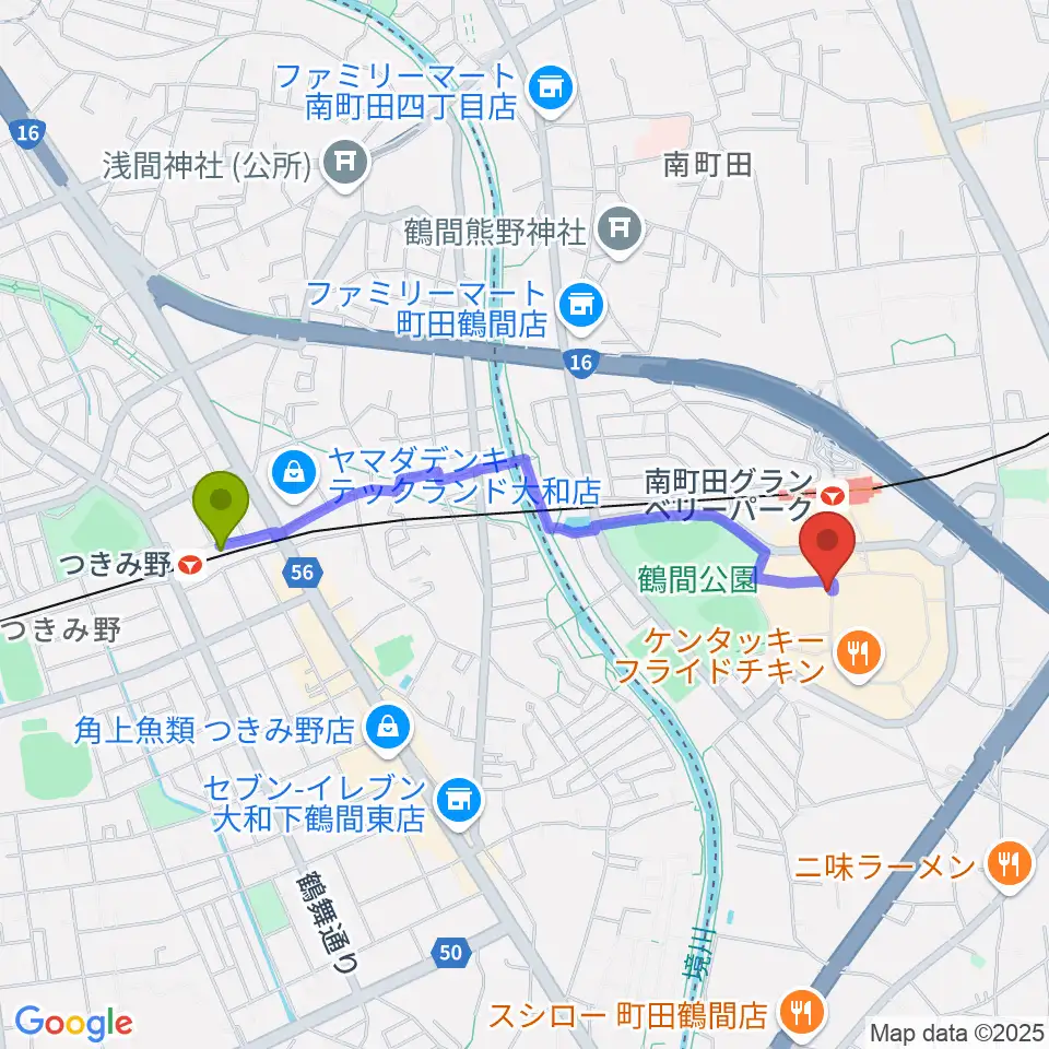 つきみ野駅から山野楽器 南町田店へのルートマップ地図