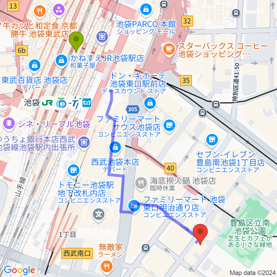 アカペラスタジオBASS ON TOP池袋東口店の最寄駅池袋駅からの徒歩ルート（約6分）地図