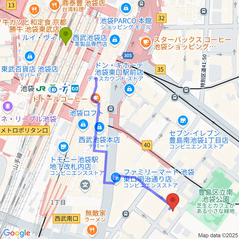 アカペラスタジオBASS ON TOP池袋東口店の最寄駅池袋駅からの徒歩ルート（約6分）地図