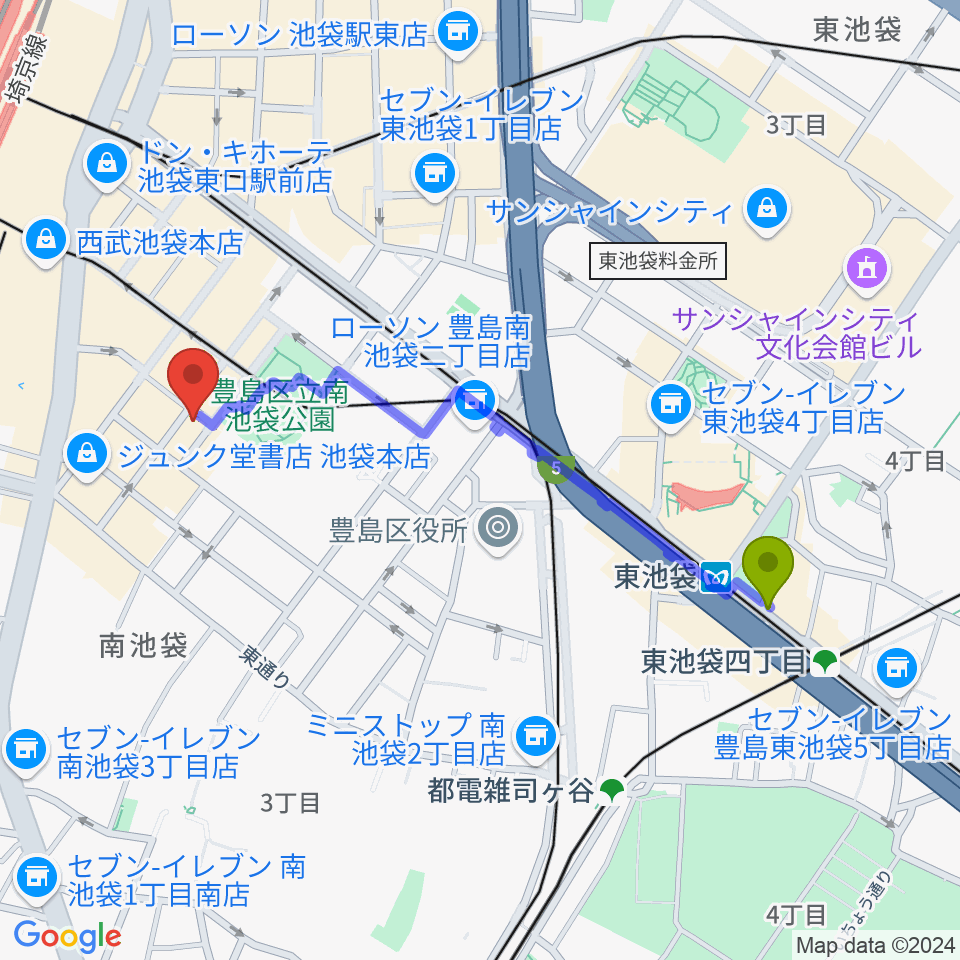 東池袋駅からアカペラスタジオBASS ON TOP池袋東口店へのルートマップ地図