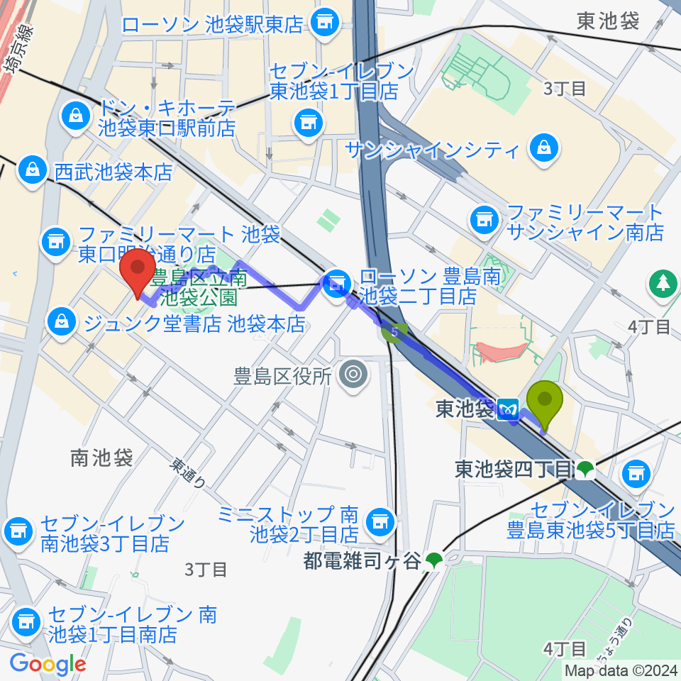 東池袋駅からアカペラスタジオBASS ON TOP池袋東口店へのルートマップ地図