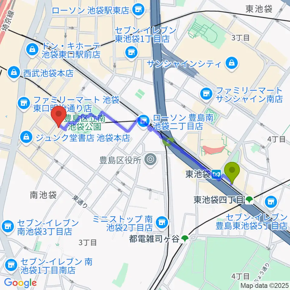 東池袋駅からアカペラスタジオBASS ON TOP池袋東口店へのルートマップ地図