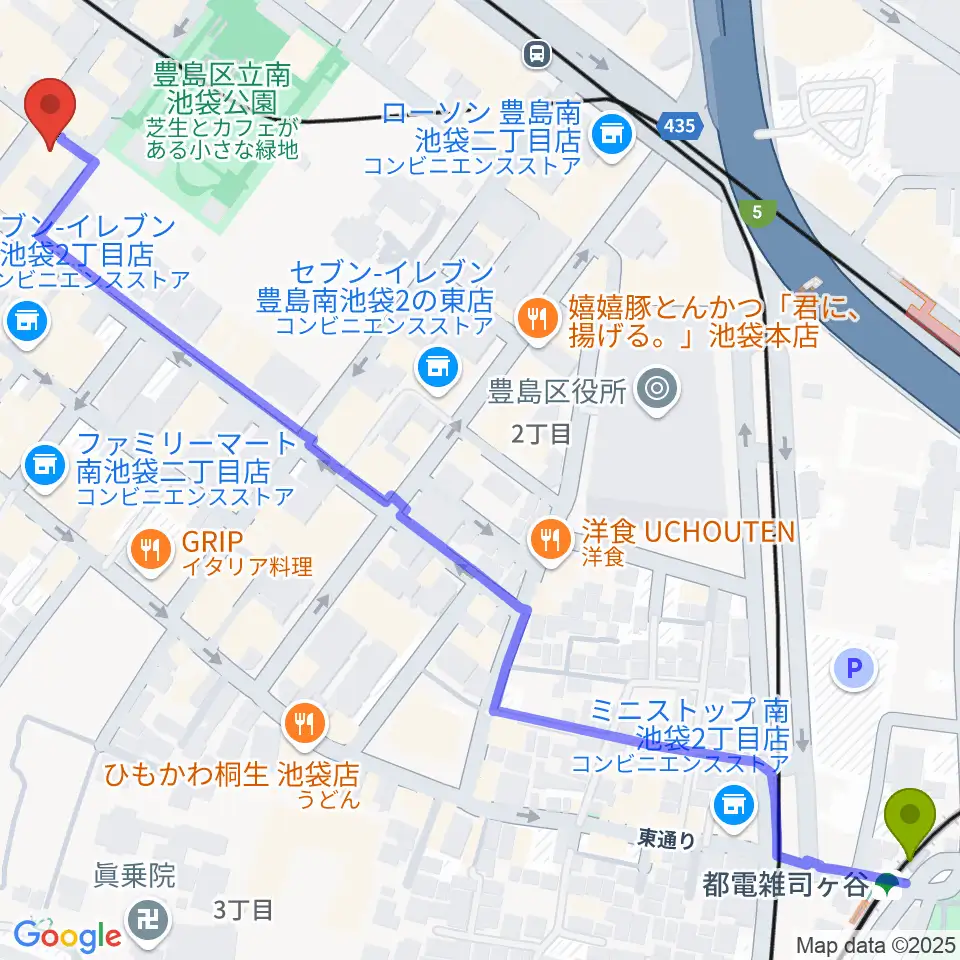 都電雑司ヶ谷駅からアカペラスタジオBASS ON TOP池袋東口店へのルートマップ地図