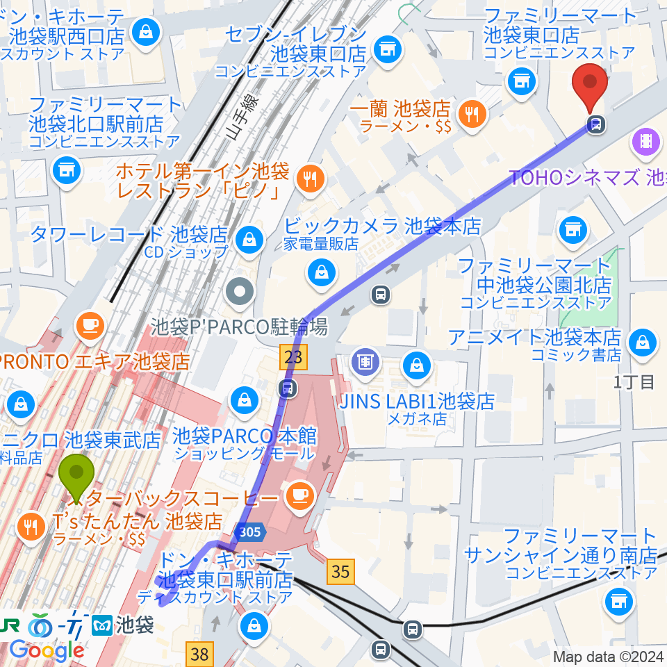 ベースハウスイケベ池袋の最寄駅池袋駅からの徒歩ルート（約8分）地図